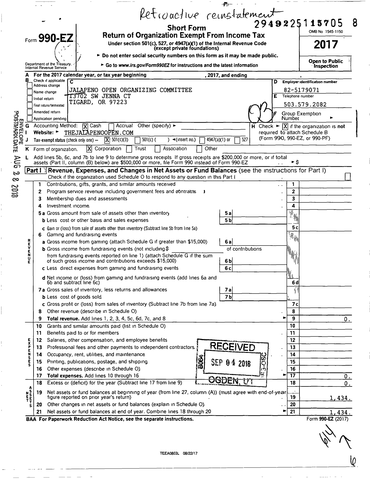 Image of first page of 2017 Form 990EZ for Jalapeno Open Organizing Committee