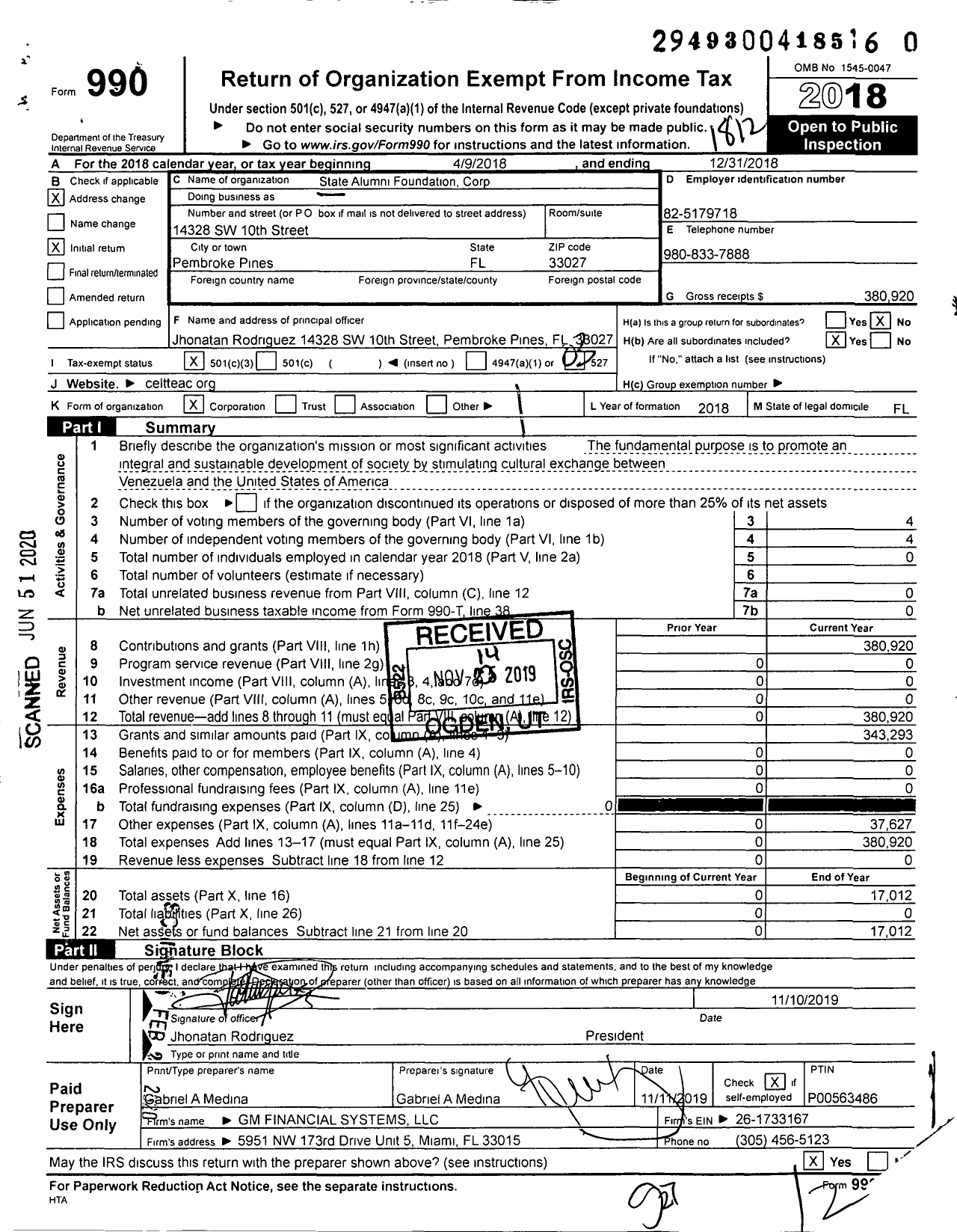 Image of first page of 2018 Form 990 for State Alumni Foundation