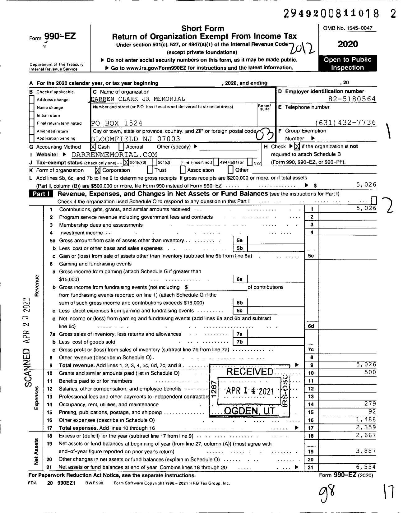 Image of first page of 2020 Form 990EZ for Darren Clark JR Memorial