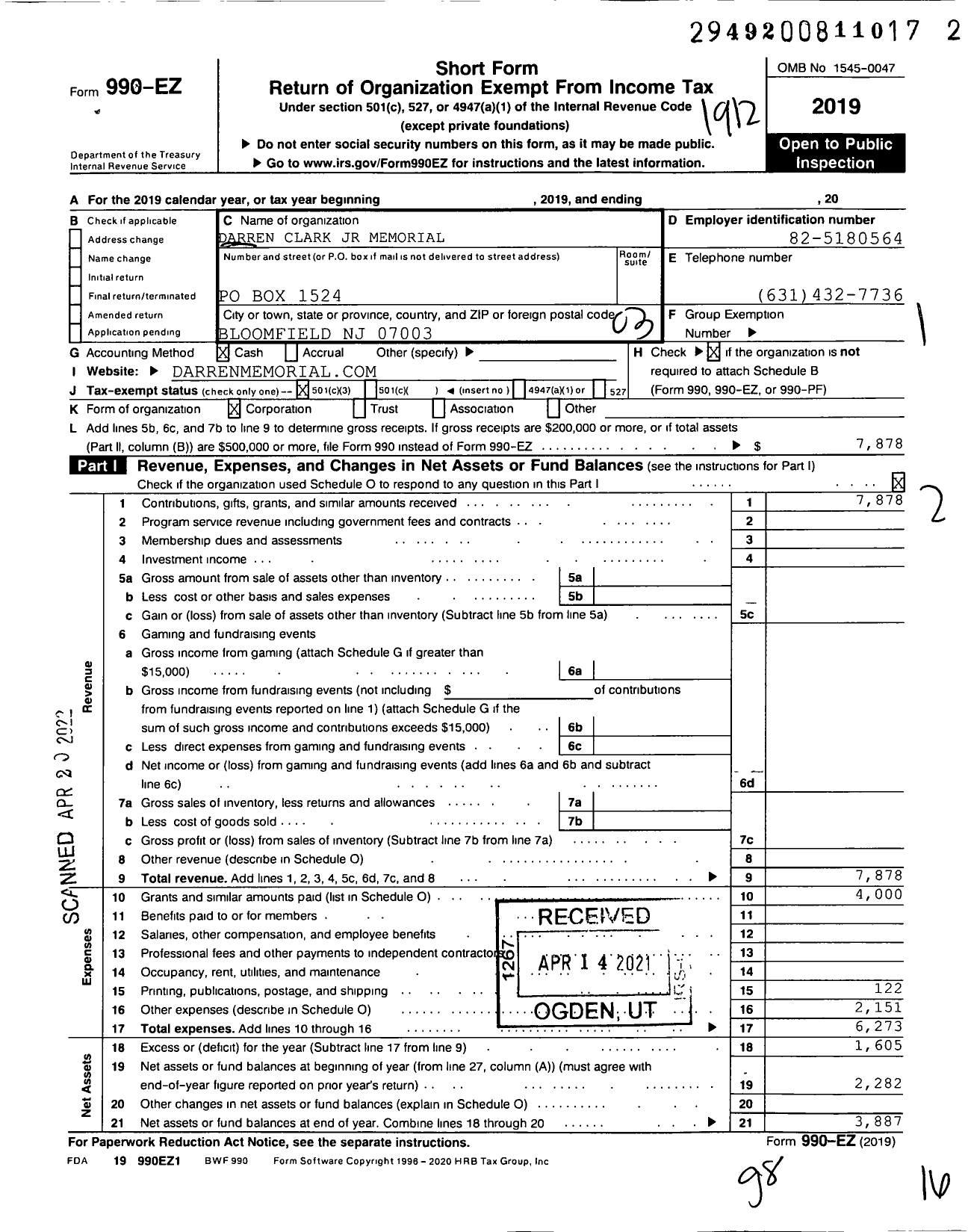 Image of first page of 2019 Form 990EZ for Darren Clark JR Memorial