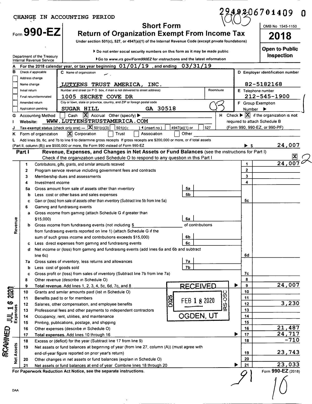 Image of first page of 2018 Form 990EZ for Lutyens Trust America