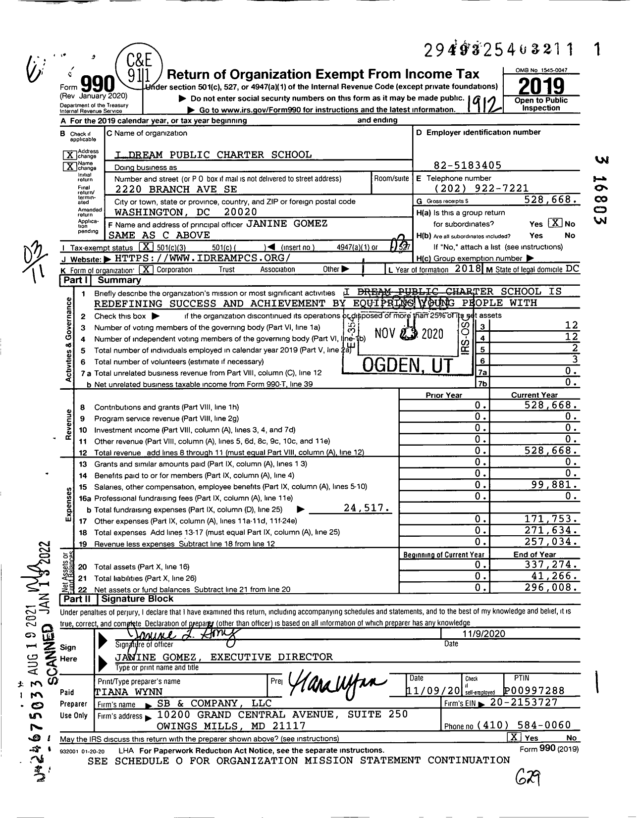 Image of first page of 2019 Form 990 for I Dream Public Charter School