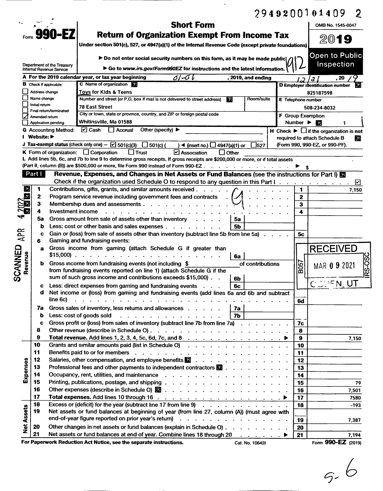 Image of first page of 2019 Form 990EZ for Toys for Kids and Teens