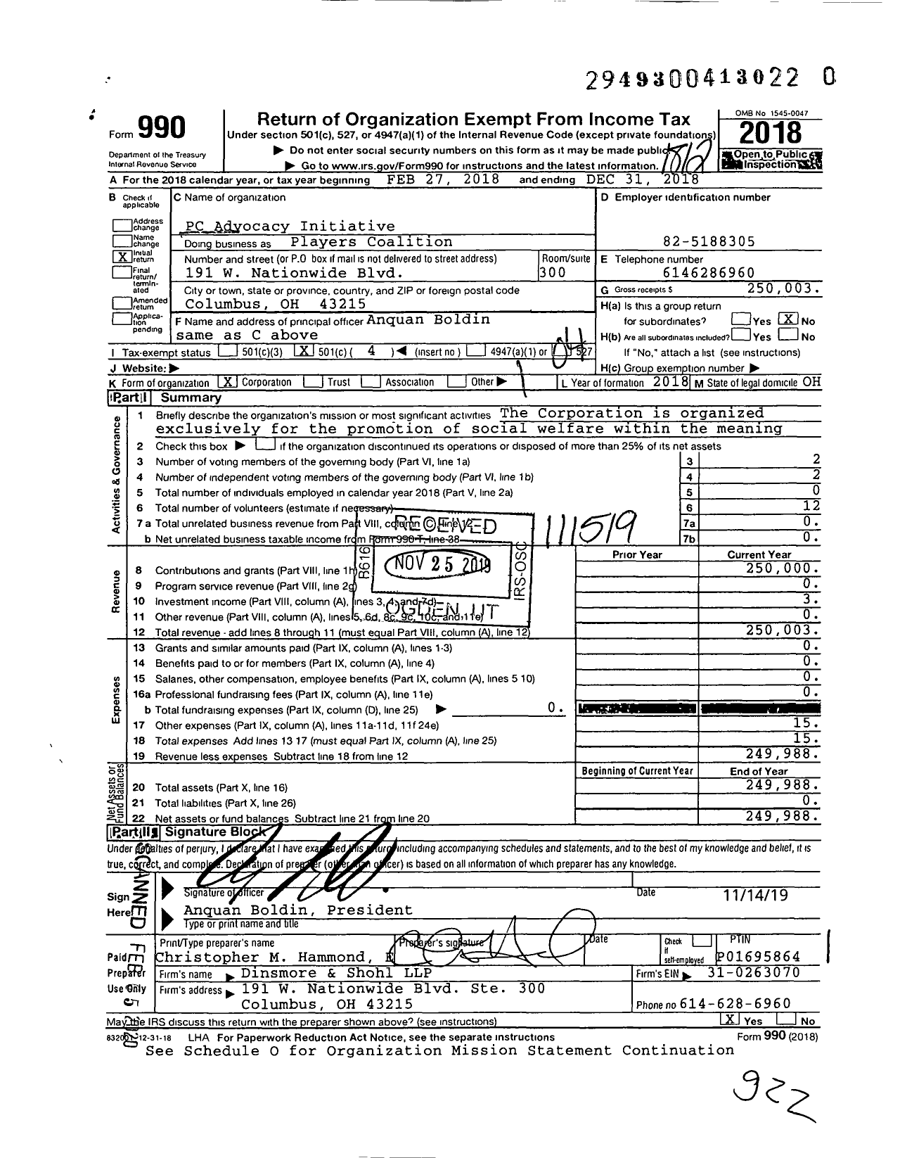 Image of first page of 2018 Form 990O for Players Coalition / PC Advocacy Initiative