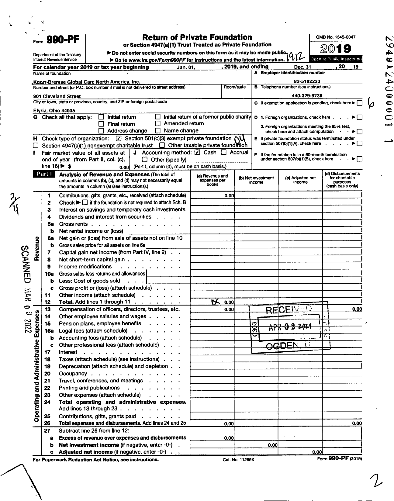 Image of first page of 2019 Form 990PF for Knorr-Bremse Global Care North America