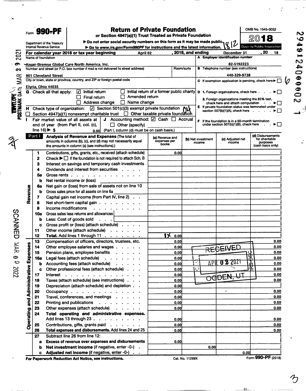 Image of first page of 2018 Form 990PF for Knorr-Bremse Global Care North America