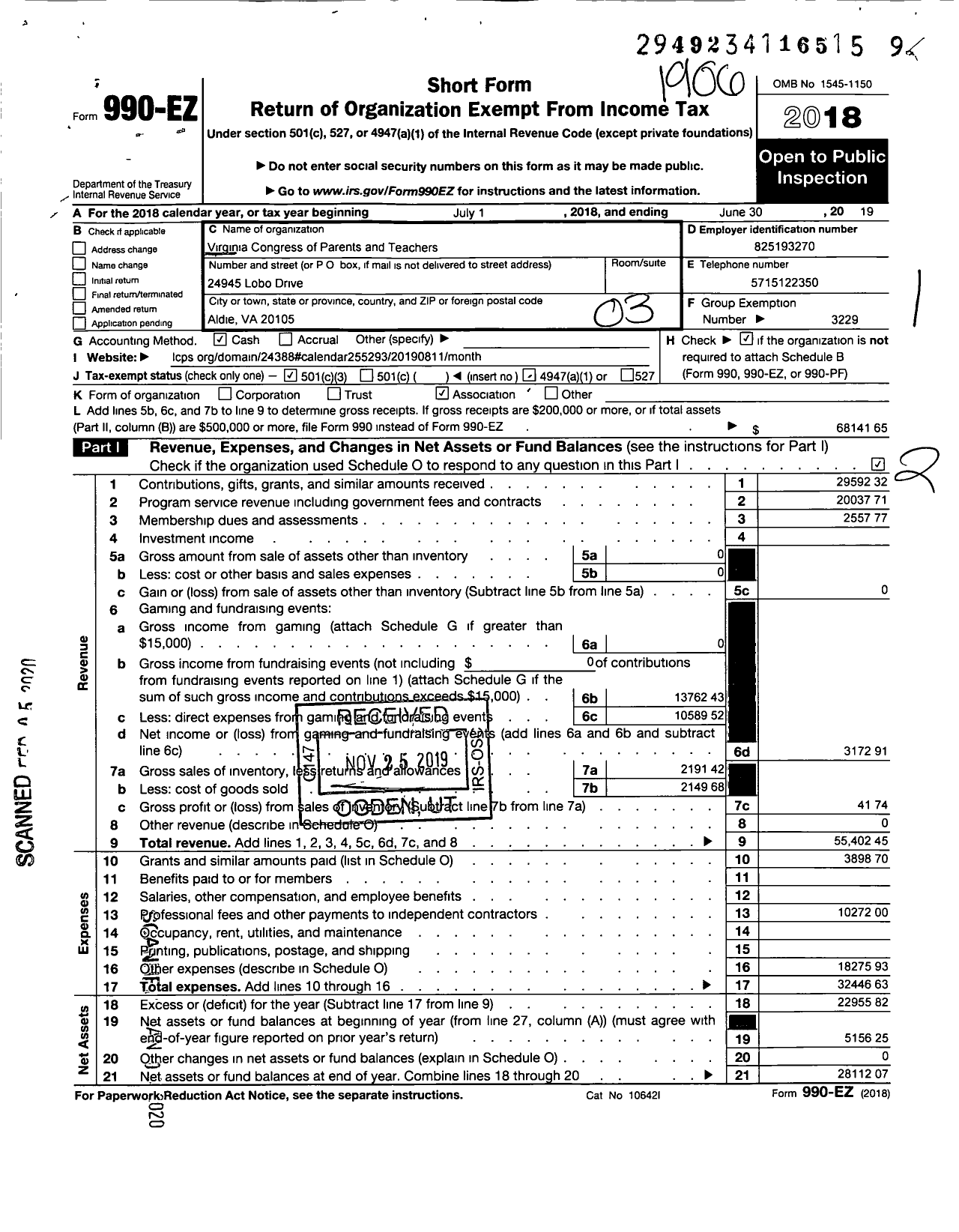 Image of first page of 2018 Form 990EZ for Virginia PTA - Goshen Post Elementary PTA