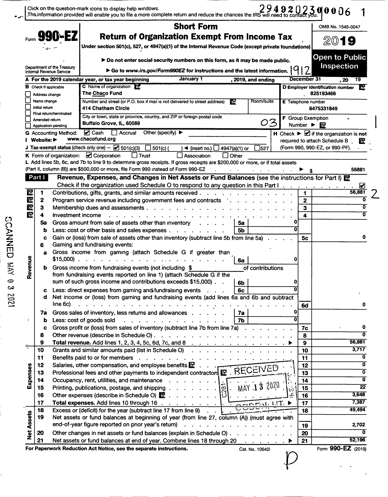 Image of first page of 2019 Form 990EZ for Chaco Fund