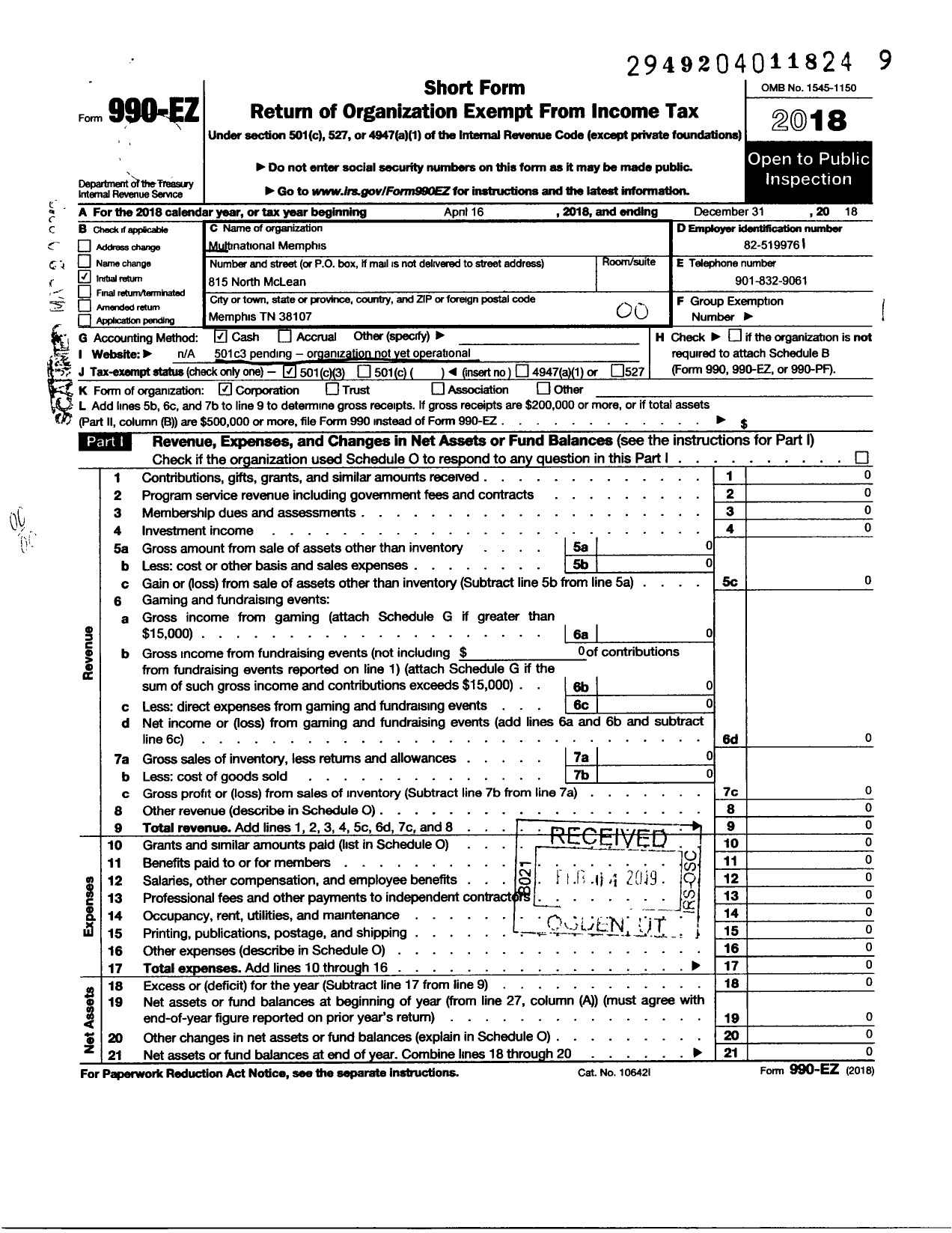 Image of first page of 2018 Form 990EO for Multinational Memphis
