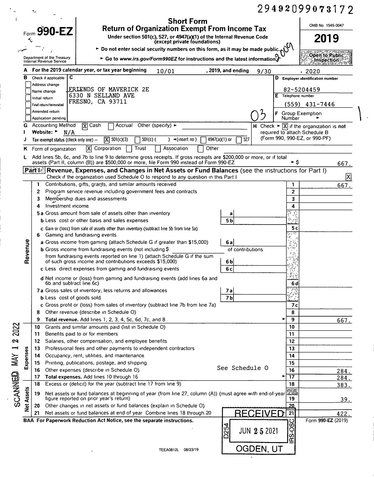 Image of first page of 2019 Form 990EZ for Friends of Maverick 2E