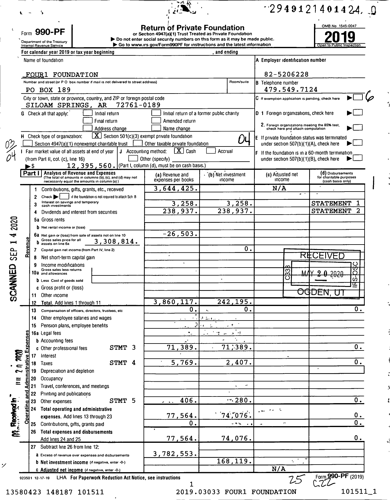 Image of first page of 2019 Form 990PR for Four1 Foundation