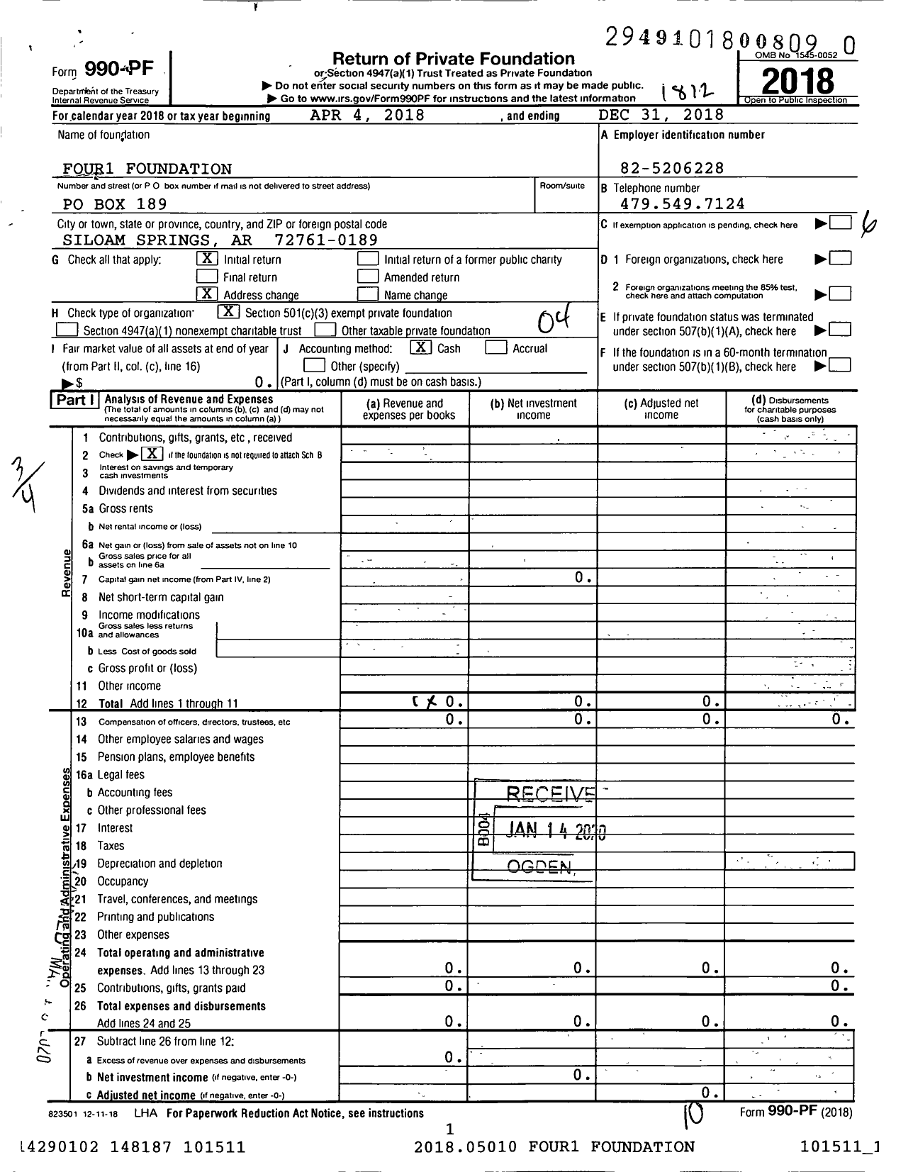 Image of first page of 2018 Form 990PR for Four1 Foundation