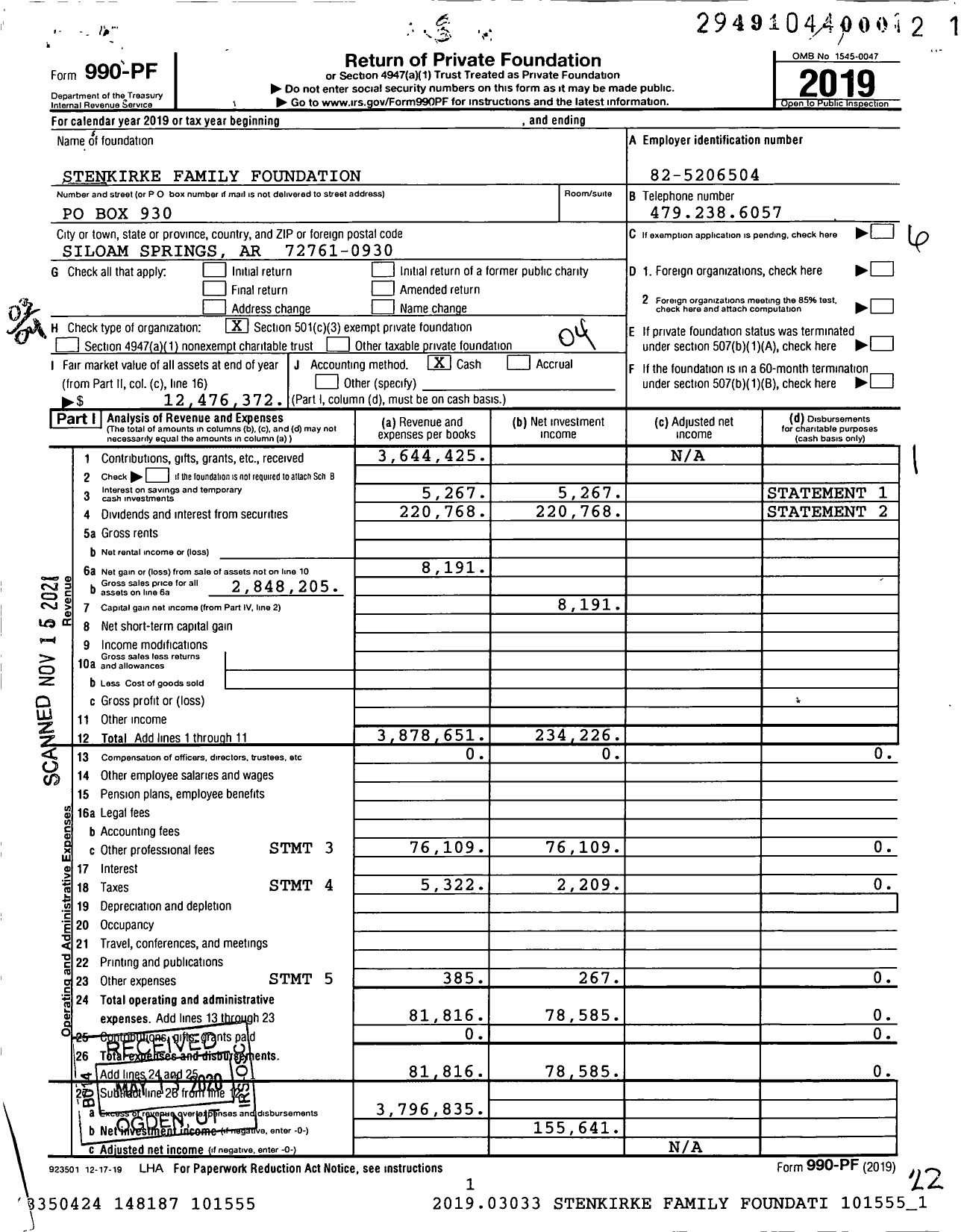 Image of first page of 2019 Form 990PF for Stenkirke Family Foundation