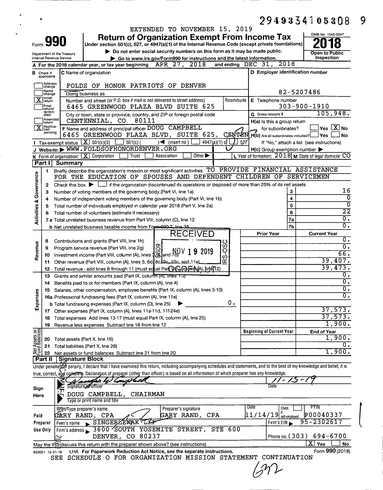 Image of first page of 2018 Form 990 for Folds of Honor Patriots of Denver