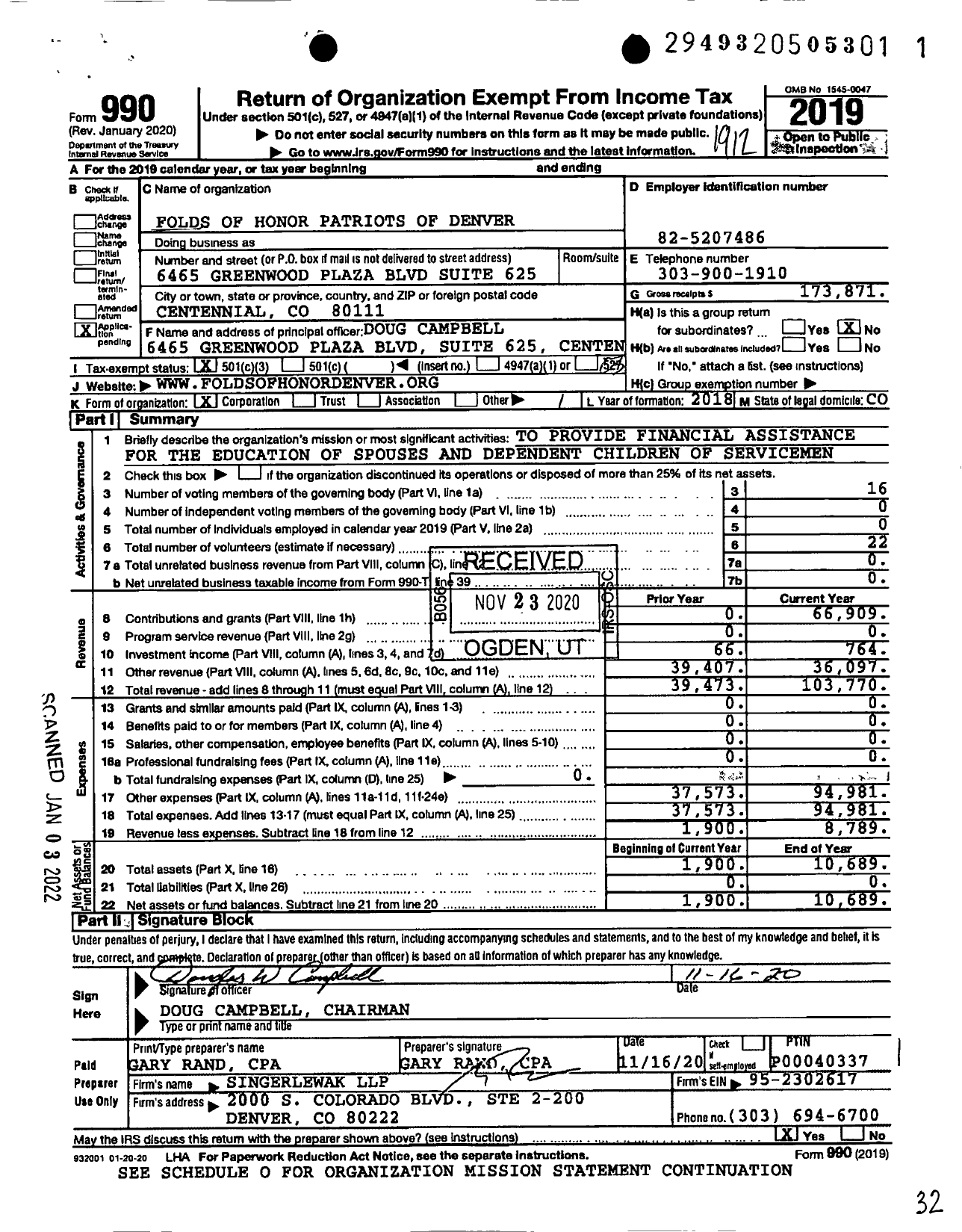 Image of first page of 2019 Form 990 for Folds of Honor Patriots of Denver