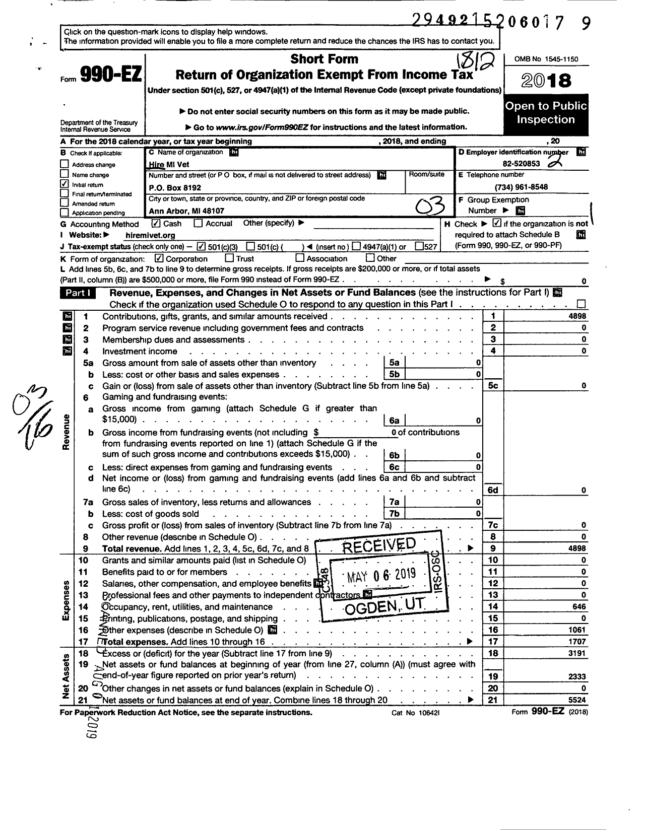 Image of first page of 2018 Form 990EZ for Hire Mi Vet