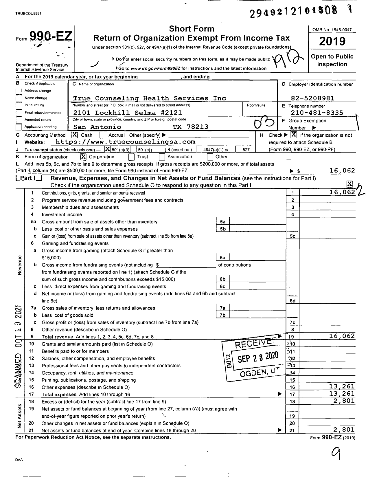 Image of first page of 2019 Form 990EZ for True Counseling Health Services