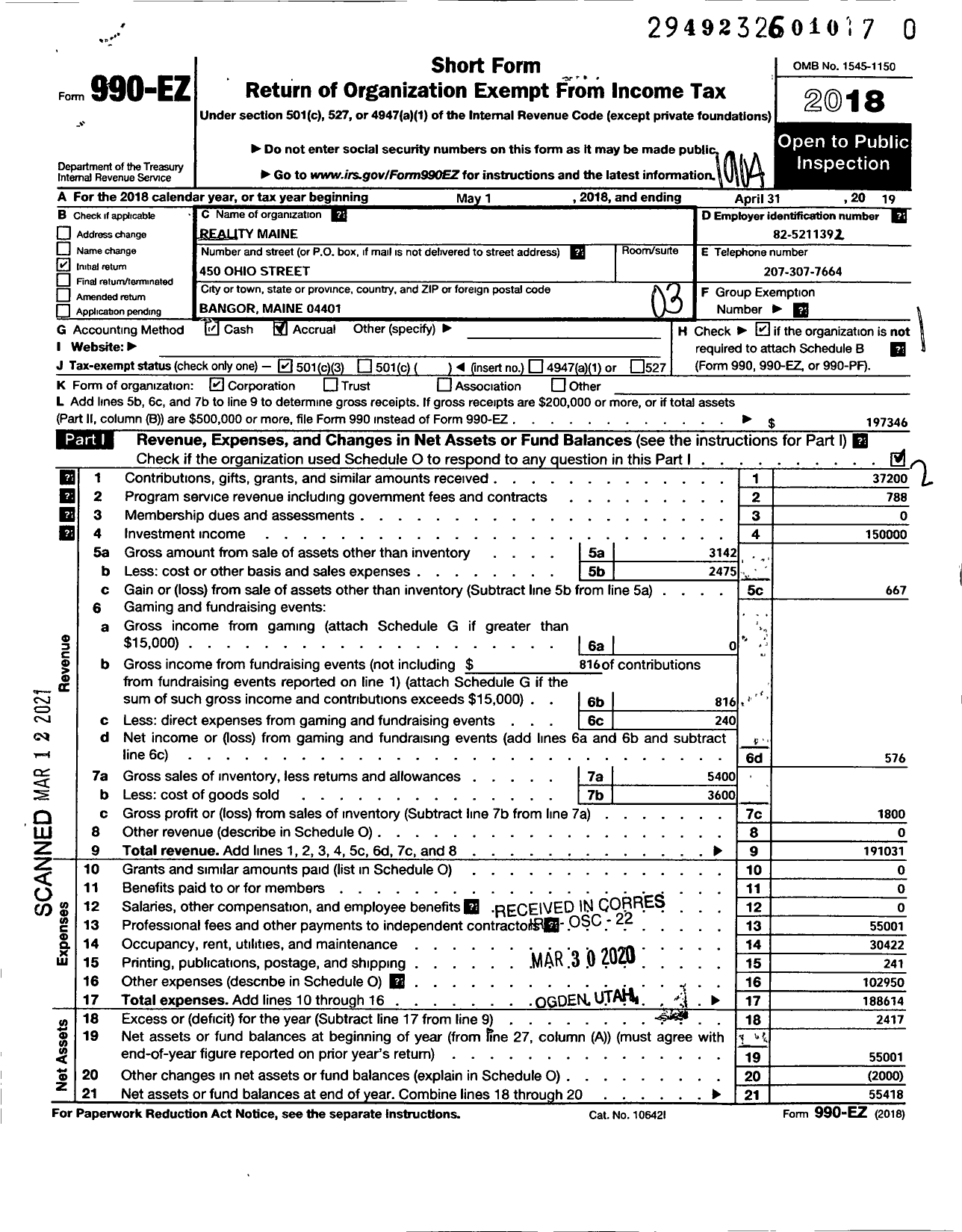 Image of first page of 2018 Form 990EZ for Reality Maine