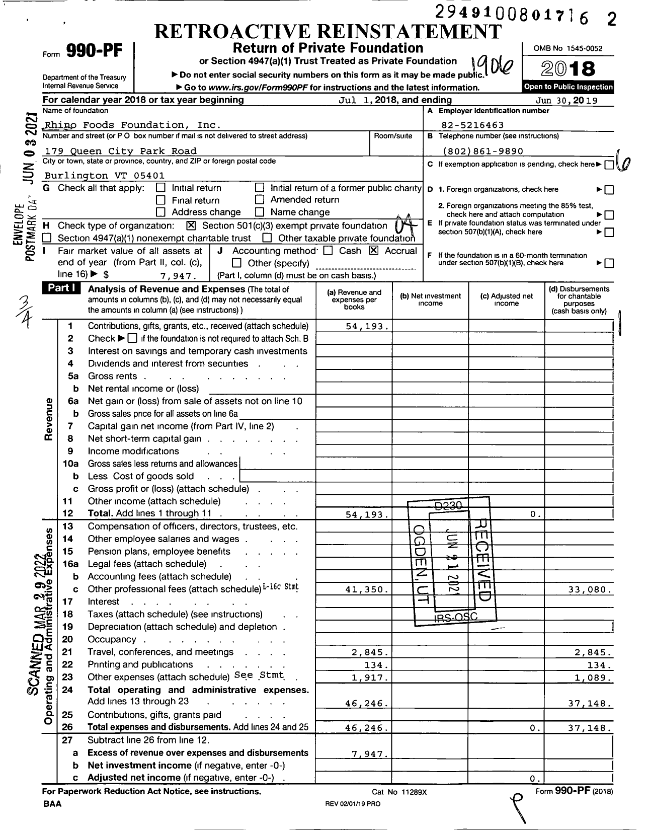 Image of first page of 2018 Form 990PF for Rhino Foods Foundation