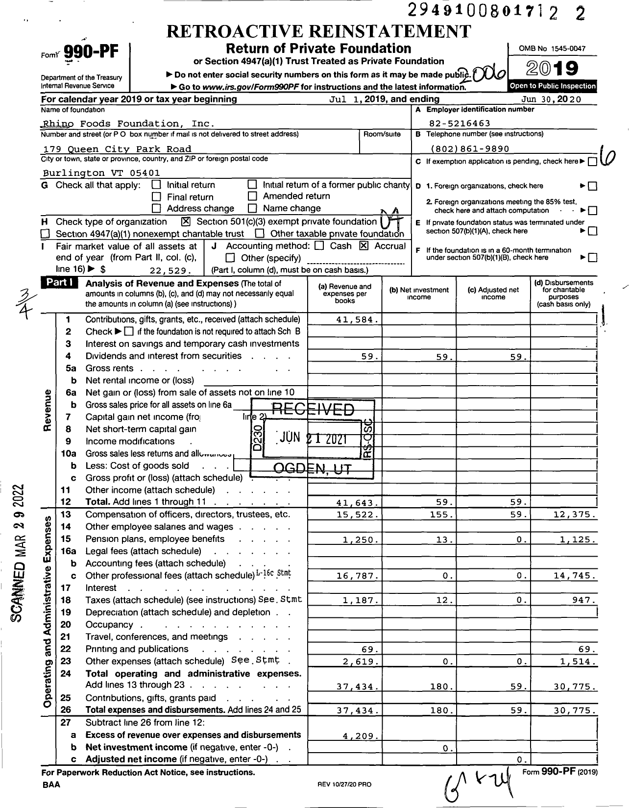 Image of first page of 2019 Form 990PF for Rhino Foods Foundation