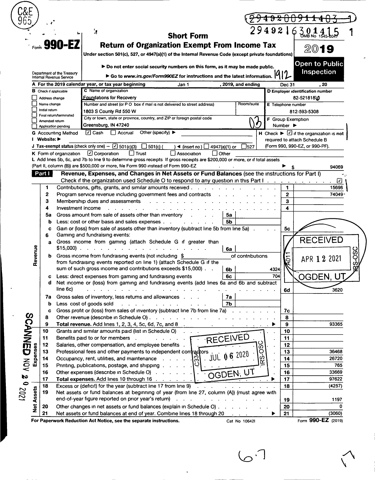 Image of first page of 2019 Form 990EZ for Foundations for Recovery Corporation