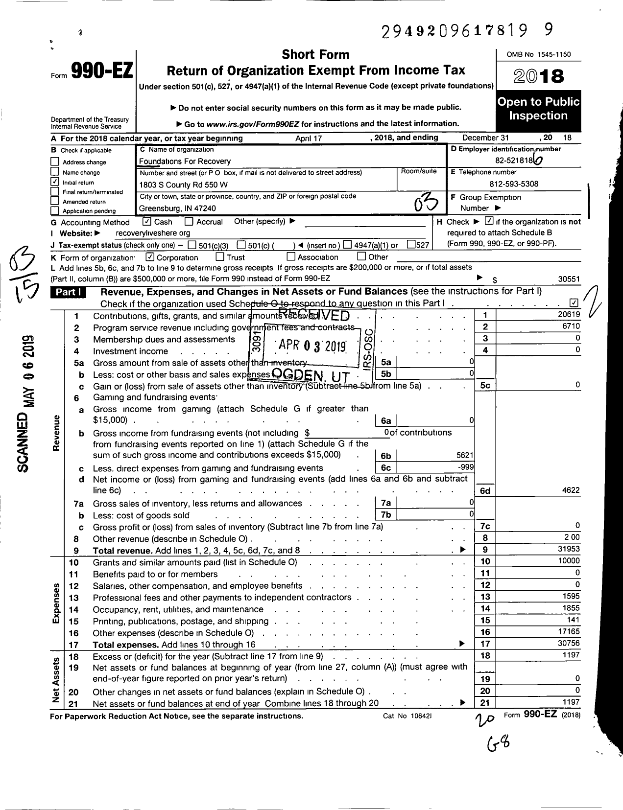 Image of first page of 2018 Form 990EZ for Foundations for Recovery Corporation