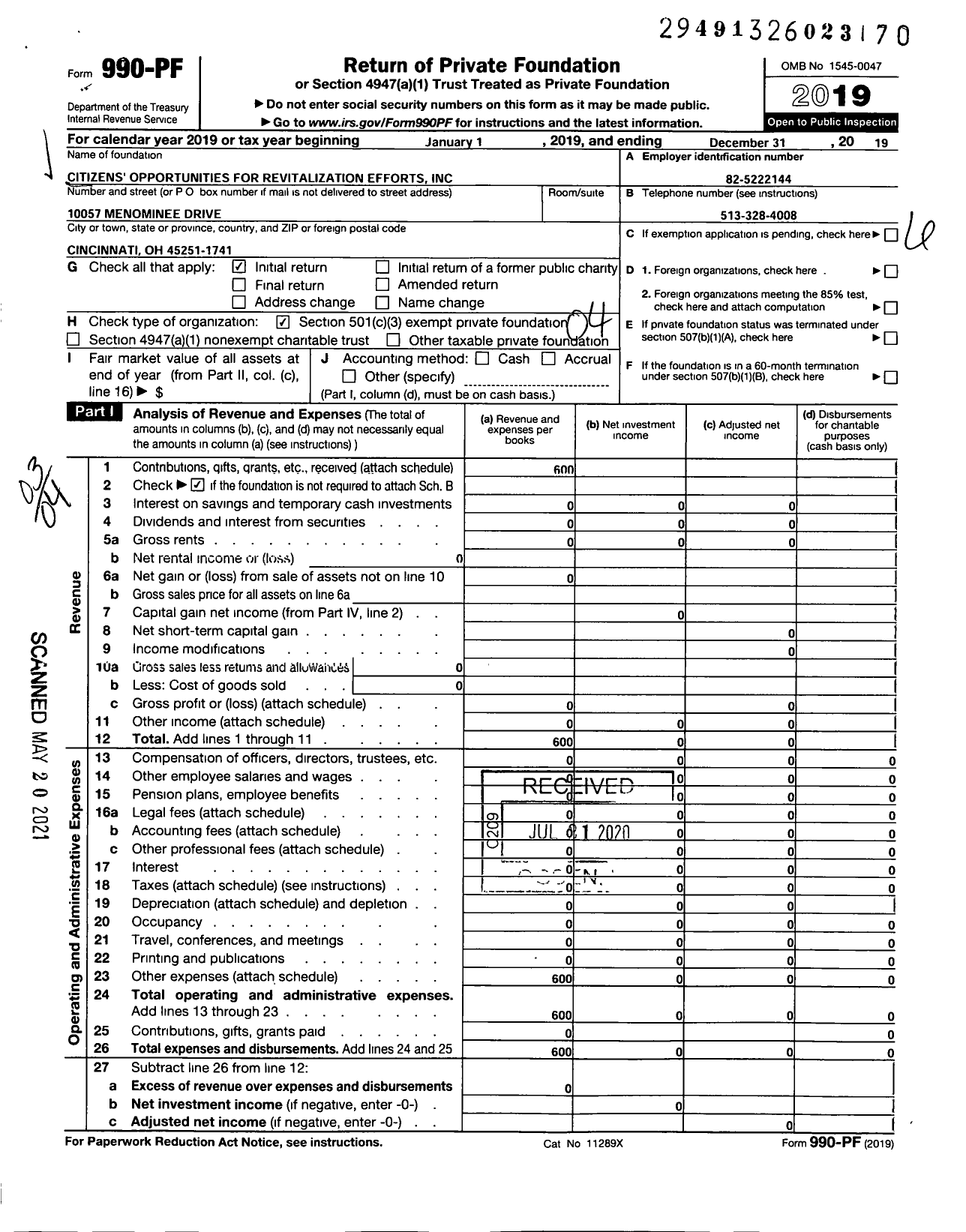 Image of first page of 2019 Form 990PF for Citizens Opportunities for Revitalization Efforts