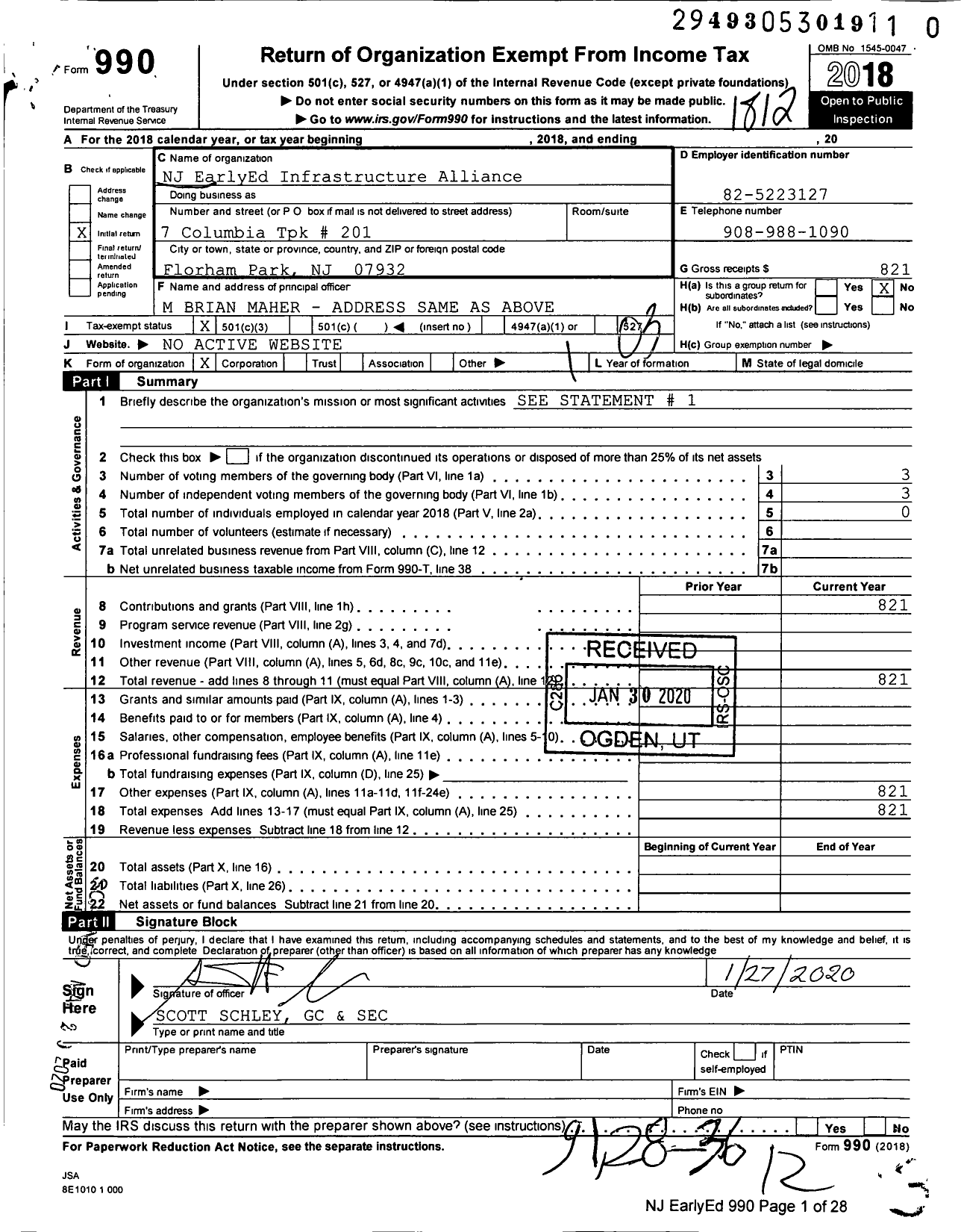 Image of first page of 2018 Form 990 for NJ Earlyed Infrastructure Alliance