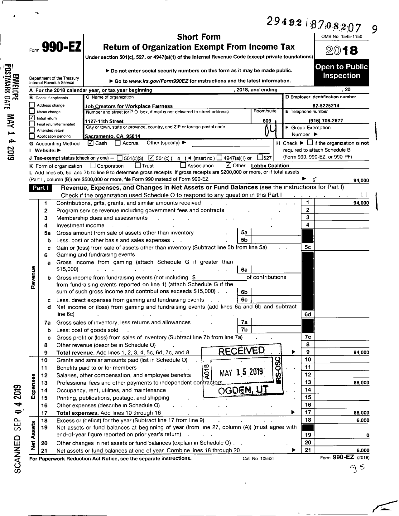 Image of first page of 2018 Form 990EO for Job Creators for Workplace Fairness