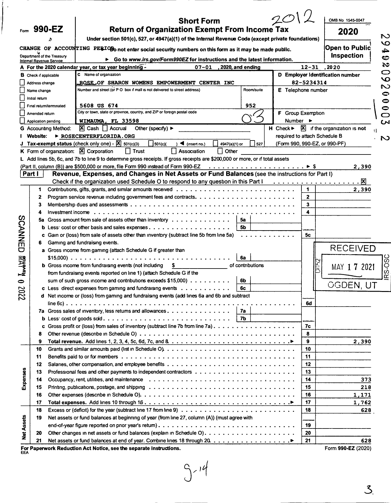 Image of first page of 2020 Form 990EZ for Rose of Sharon Womens Empowerment Center