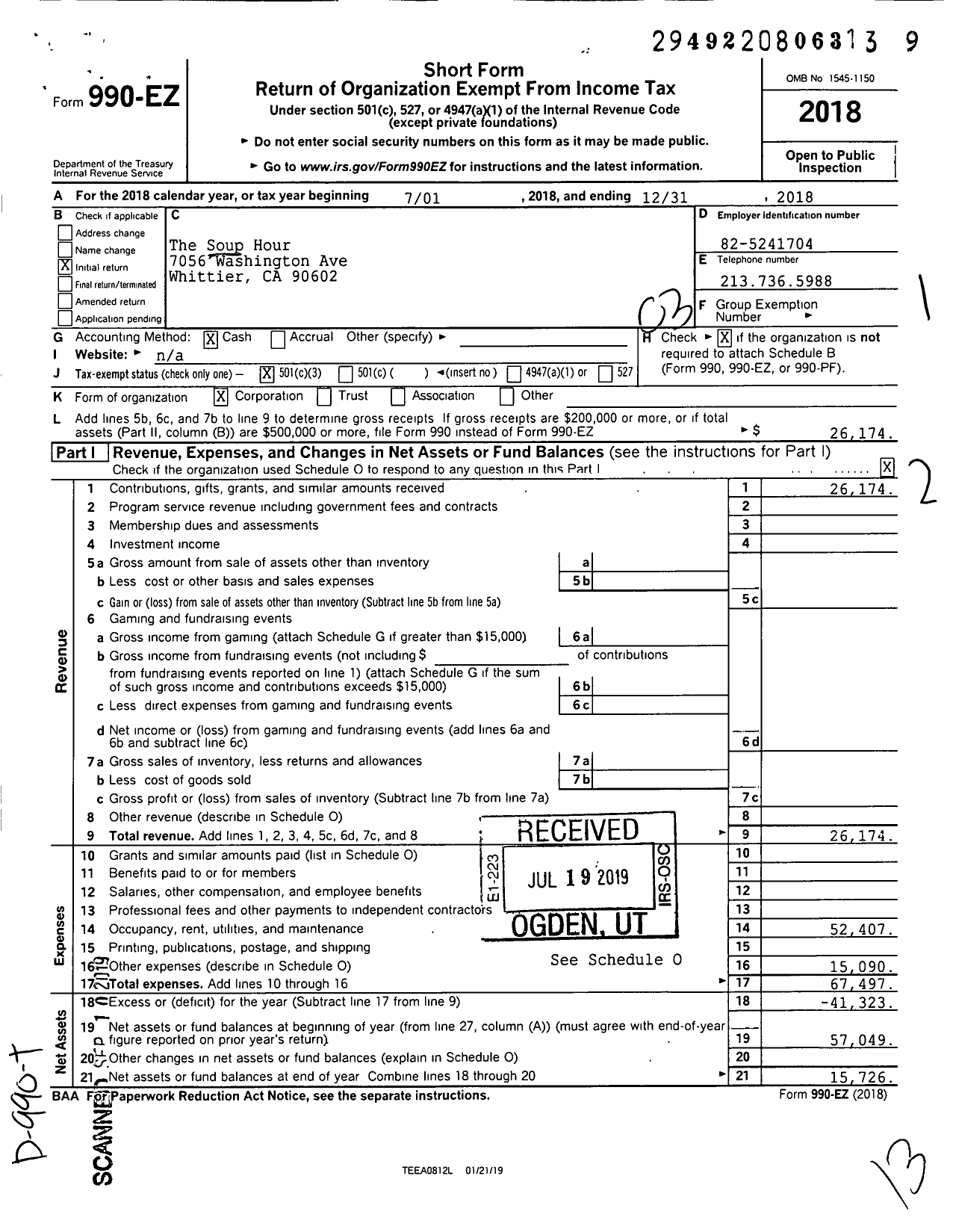 Image of first page of 2018 Form 990EZ for The Soup Hour