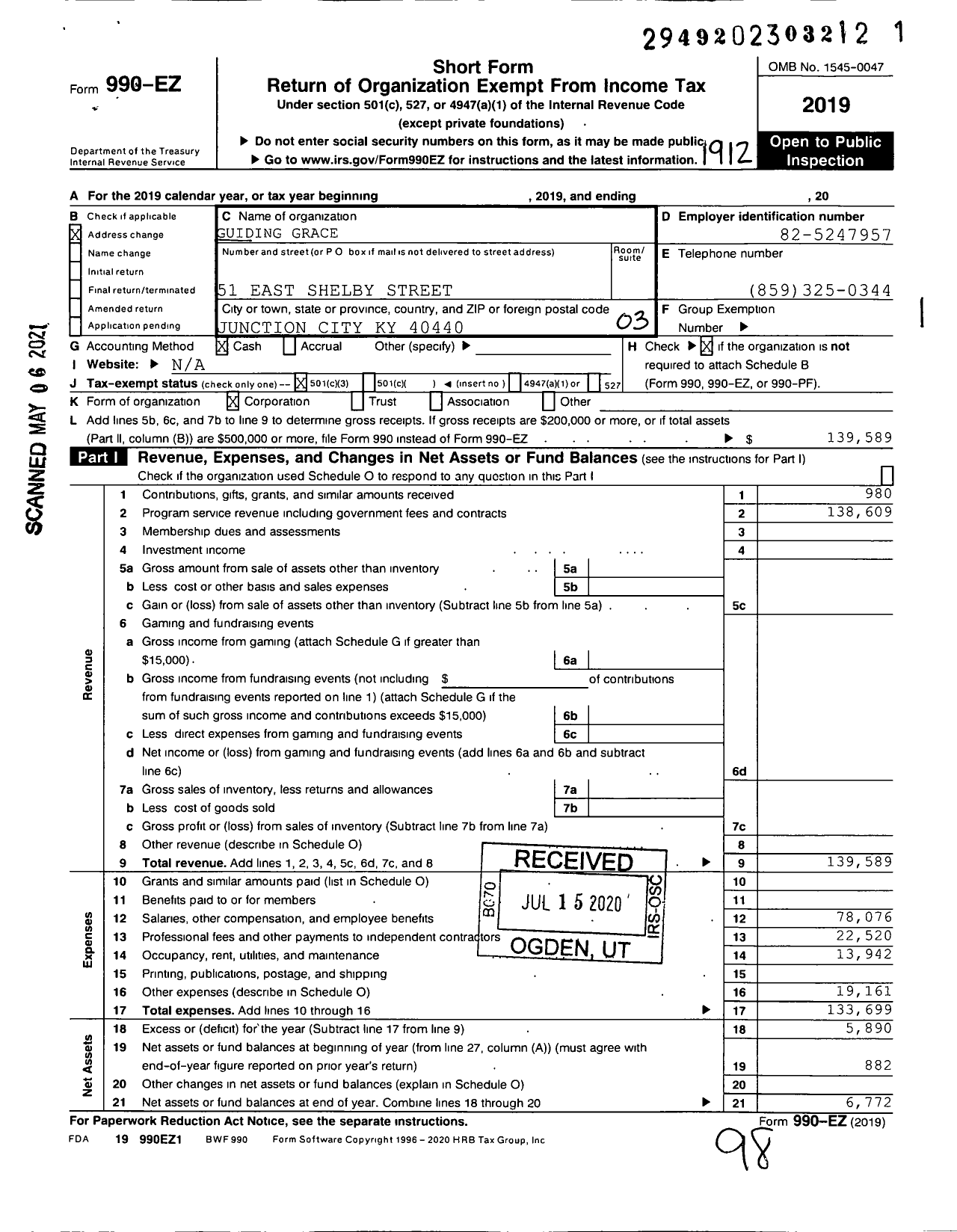 Image of first page of 2019 Form 990EZ for Guiding Grace