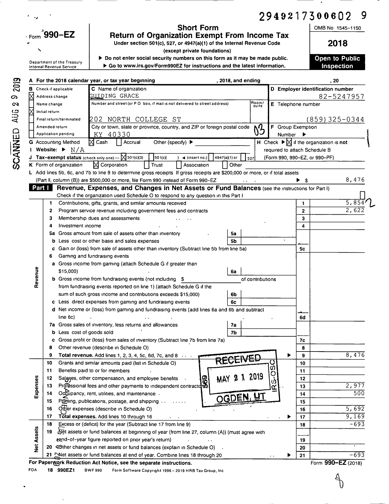 Image of first page of 2018 Form 990EZ for Guiding Grace