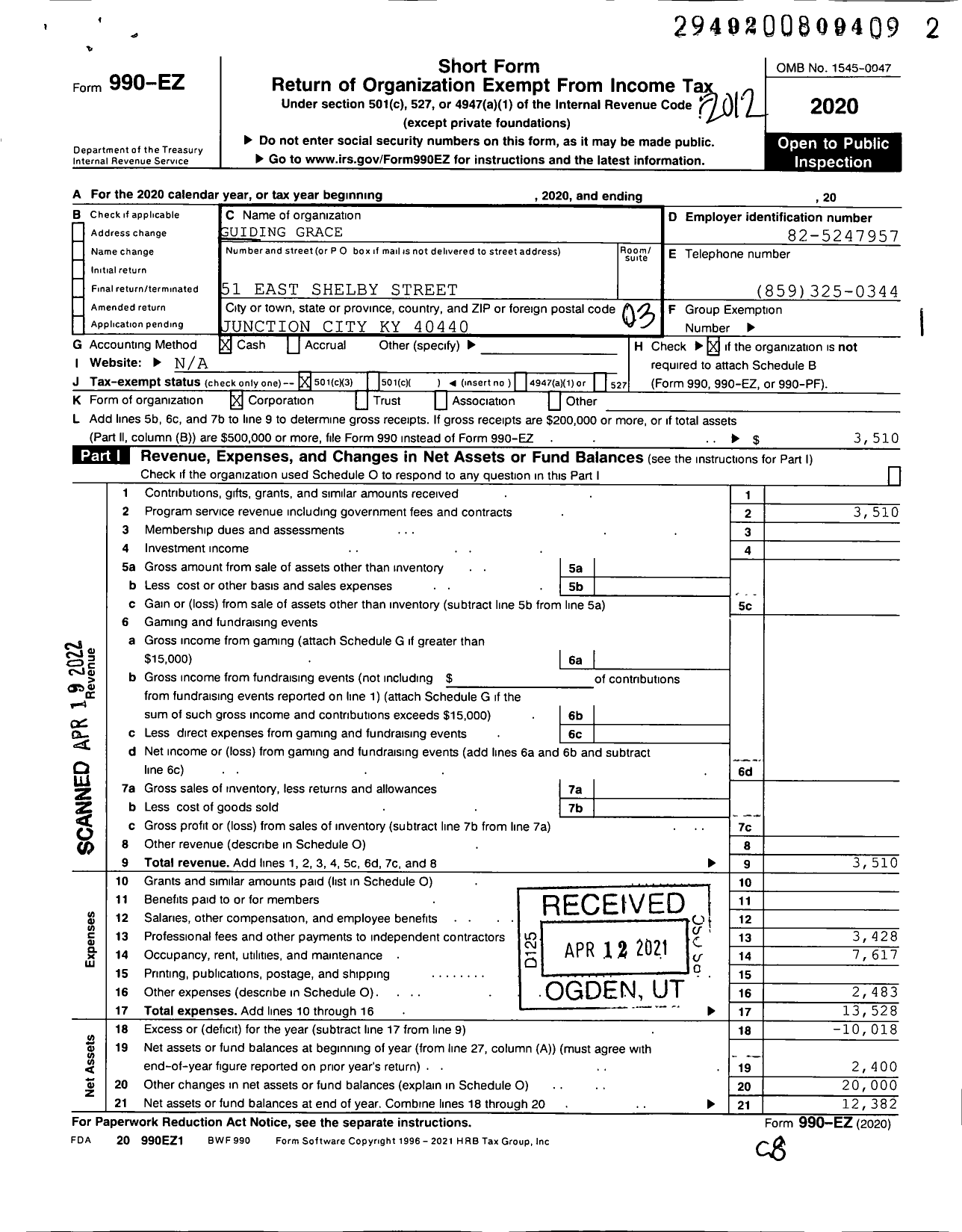 Image of first page of 2020 Form 990EZ for Guiding Grace