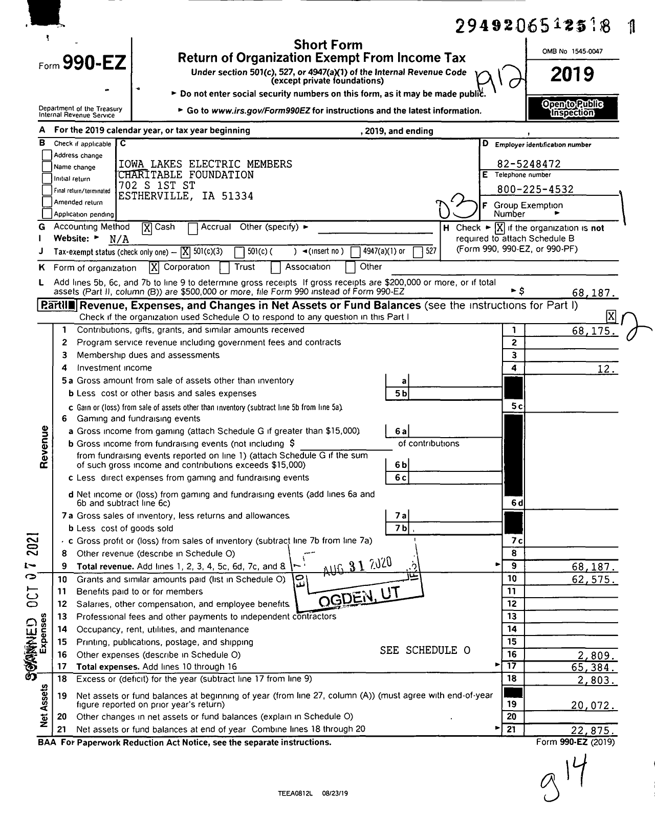 Image of first page of 2019 Form 990EZ for Iowa Lakes Electric Members Charitable Foundation