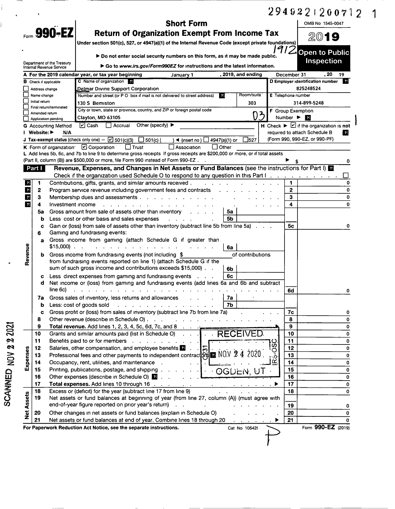 Image of first page of 2019 Form 990EZ for Delmar Divine Support Corporation