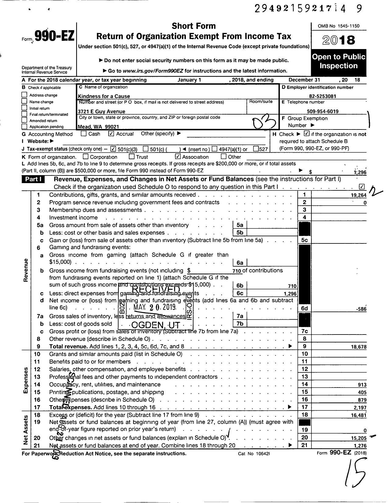 Image of first page of 2018 Form 990EZ for Kindness for A Cause