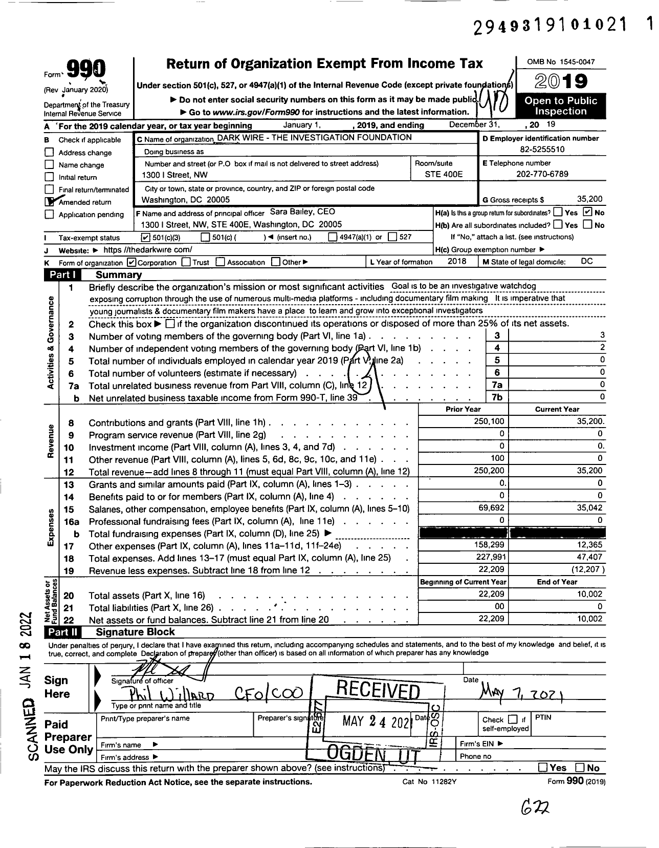 Image of first page of 2019 Form 990 for Dark Wire - The Investigation Foundation