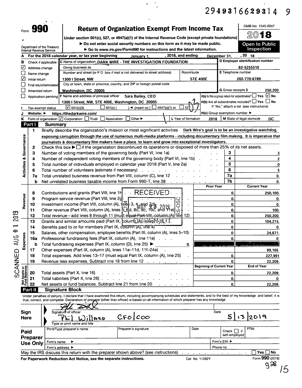 Image of first page of 2018 Form 990 for Dark Wire - The Investigation Foundation