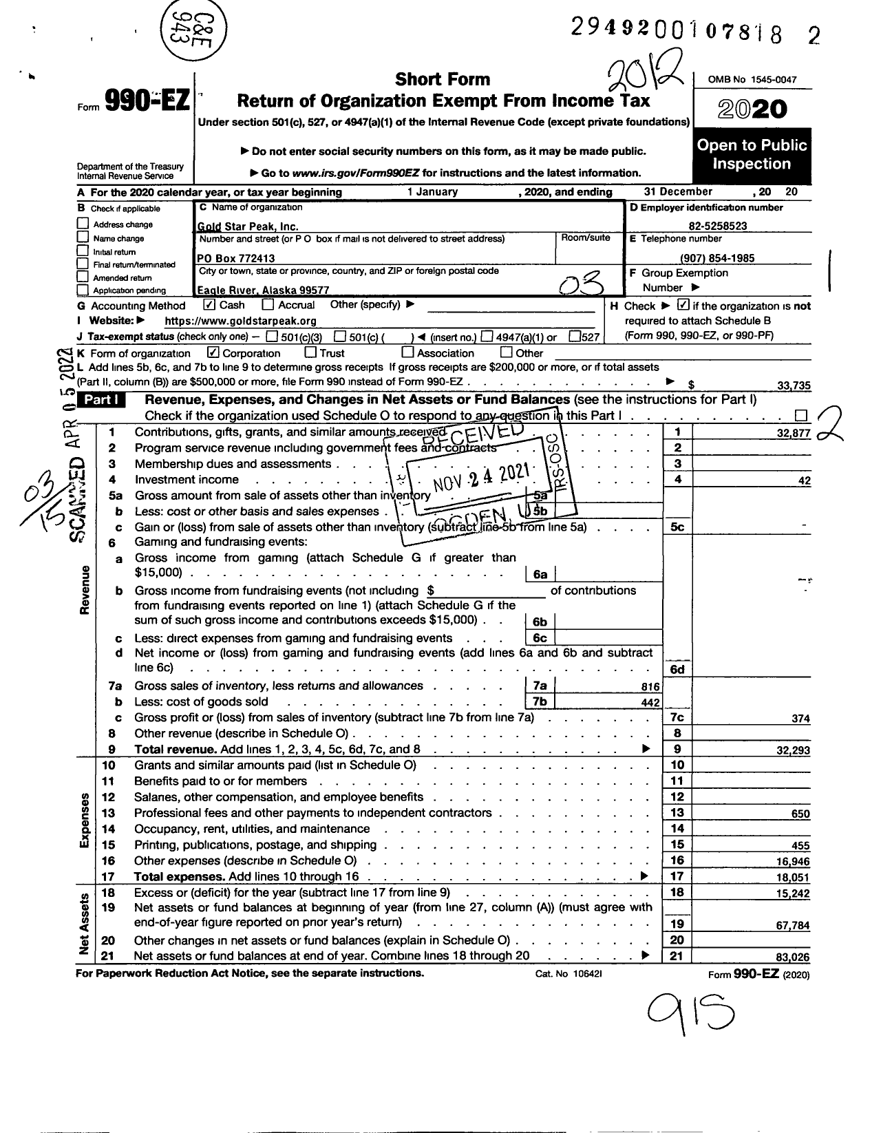 Image of first page of 2020 Form 990EZ for Gold Star Peak