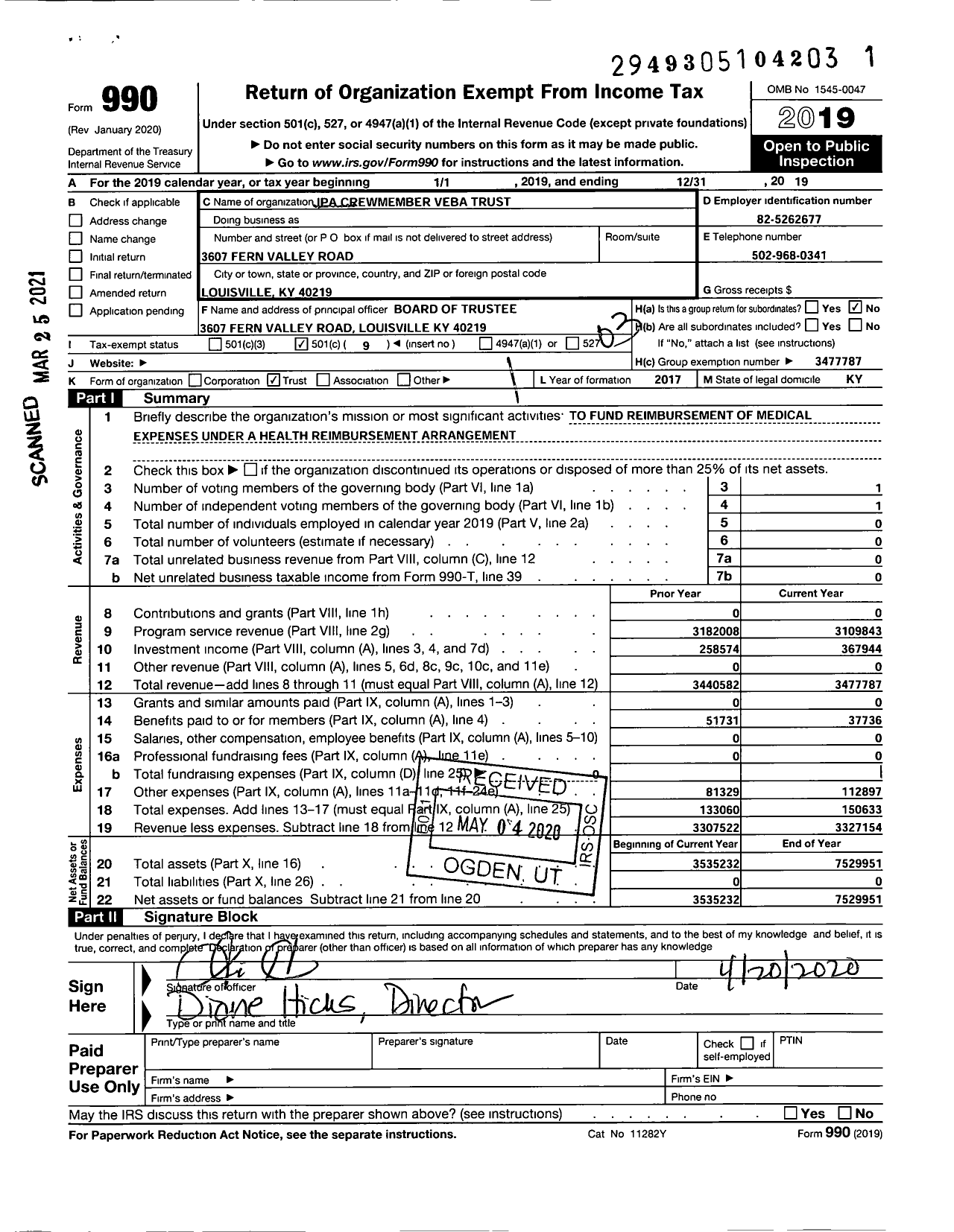 Image of first page of 2019 Form 990 for IPA Crewmember VEBA Trust