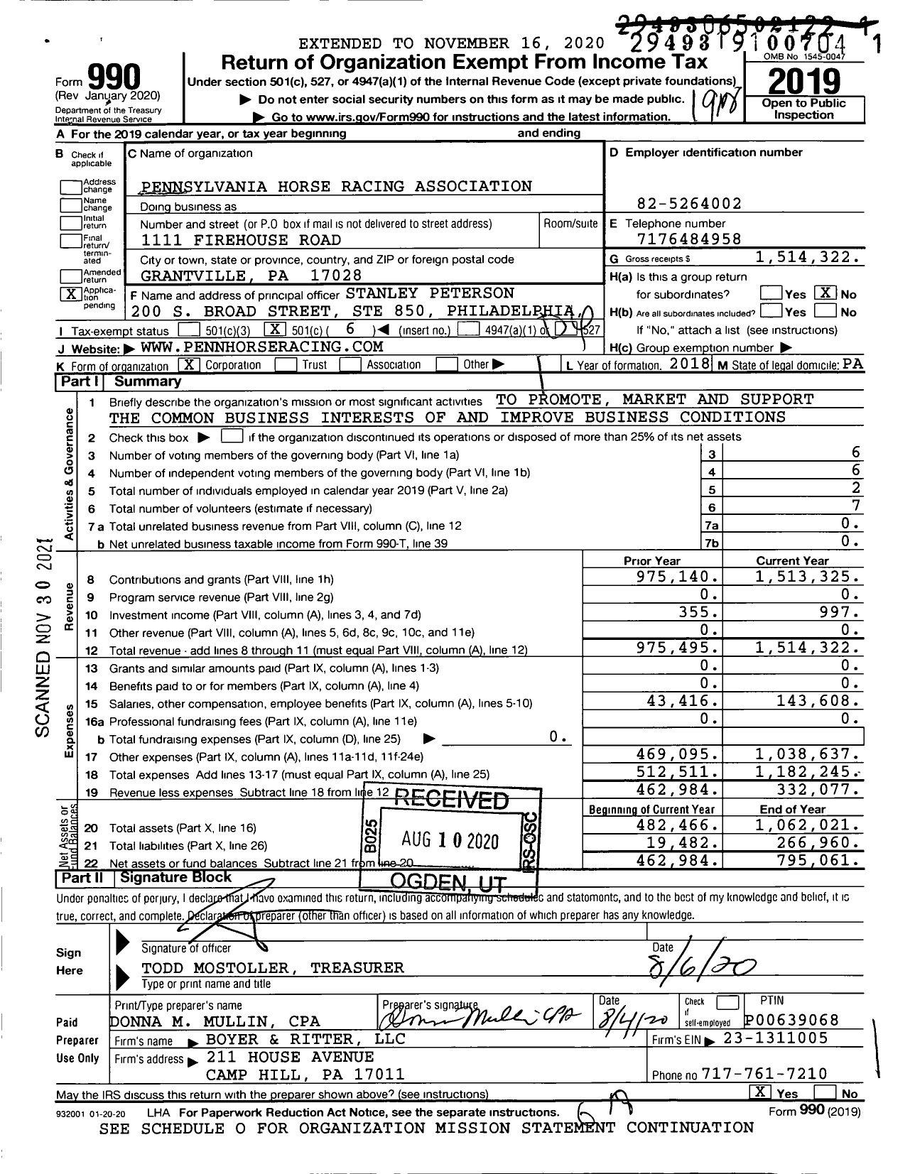 Image of first page of 2019 Form 990O for Pennsylvania Horse Racing Association