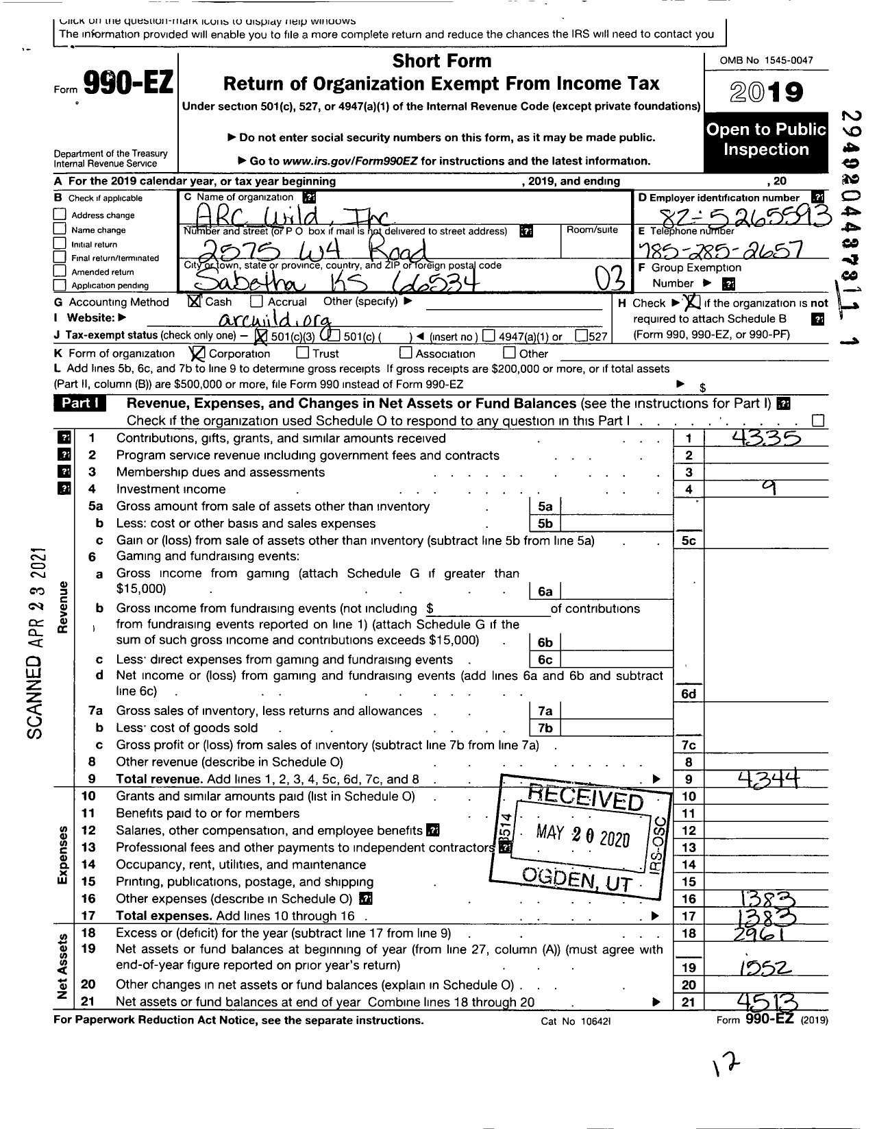 Image of first page of 2019 Form 990EZ for Arc Wild