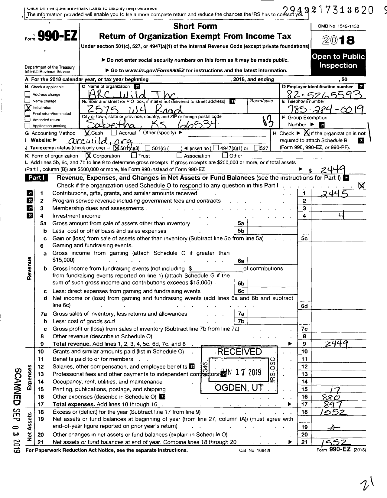 Image of first page of 2018 Form 990EZ for Arc Wild