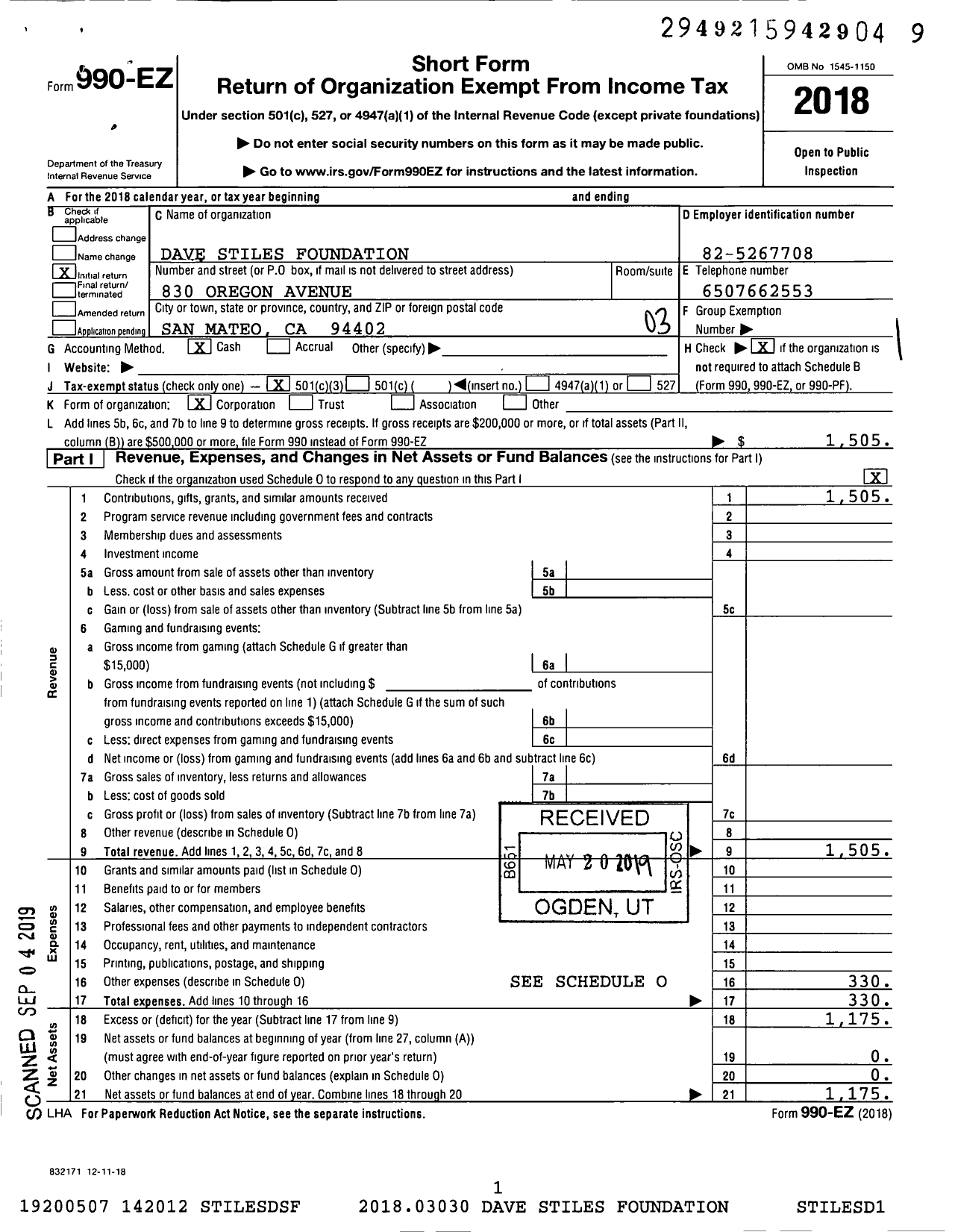 Image of first page of 2018 Form 990EZ for Dave Stiles Foundation