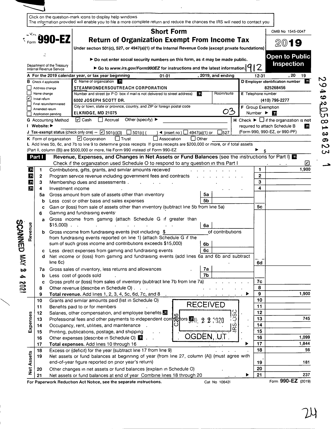 Image of first page of 2019 Form 990EZ for STEAMWondersOutreach Corporation