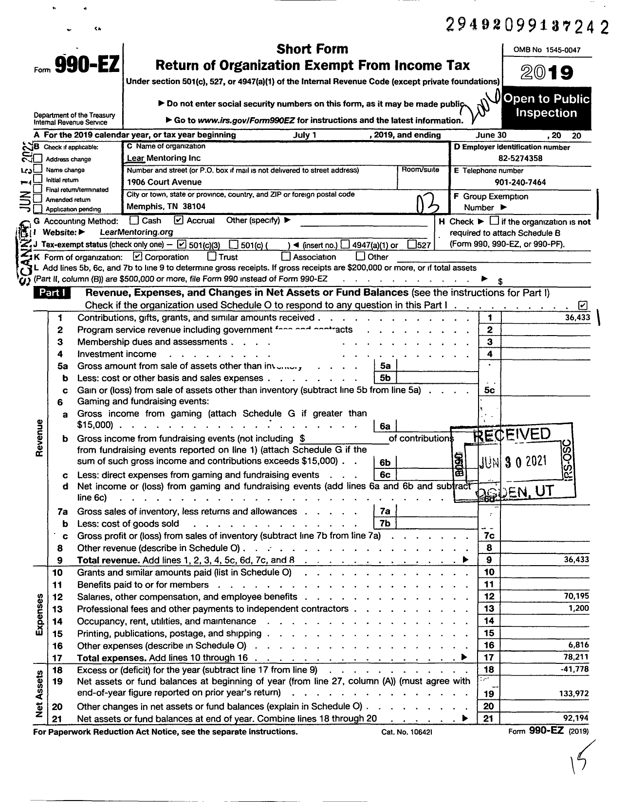 Image of first page of 2019 Form 990EZ for Lear Mentoring