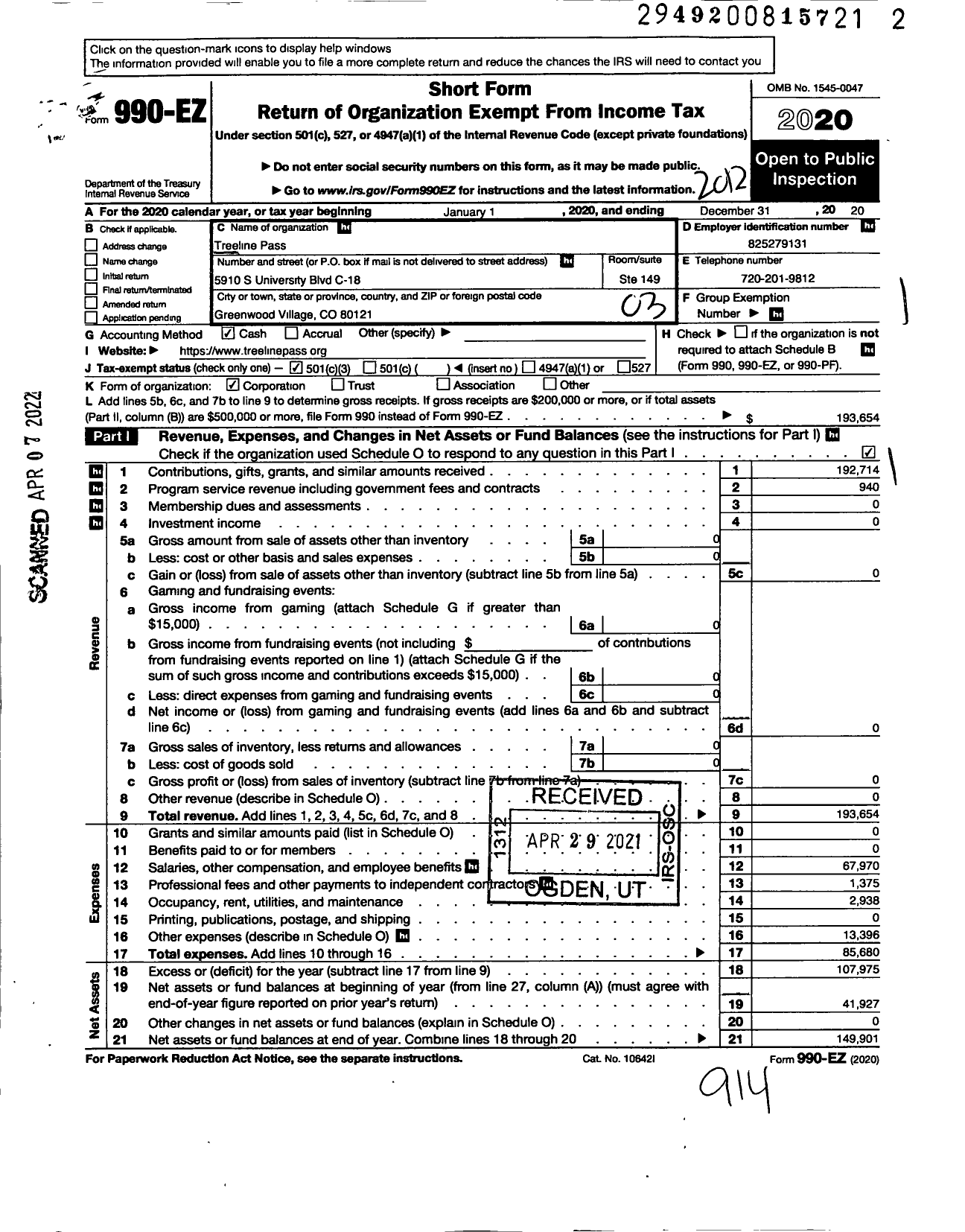 Image of first page of 2020 Form 990EZ for Treeline Pass