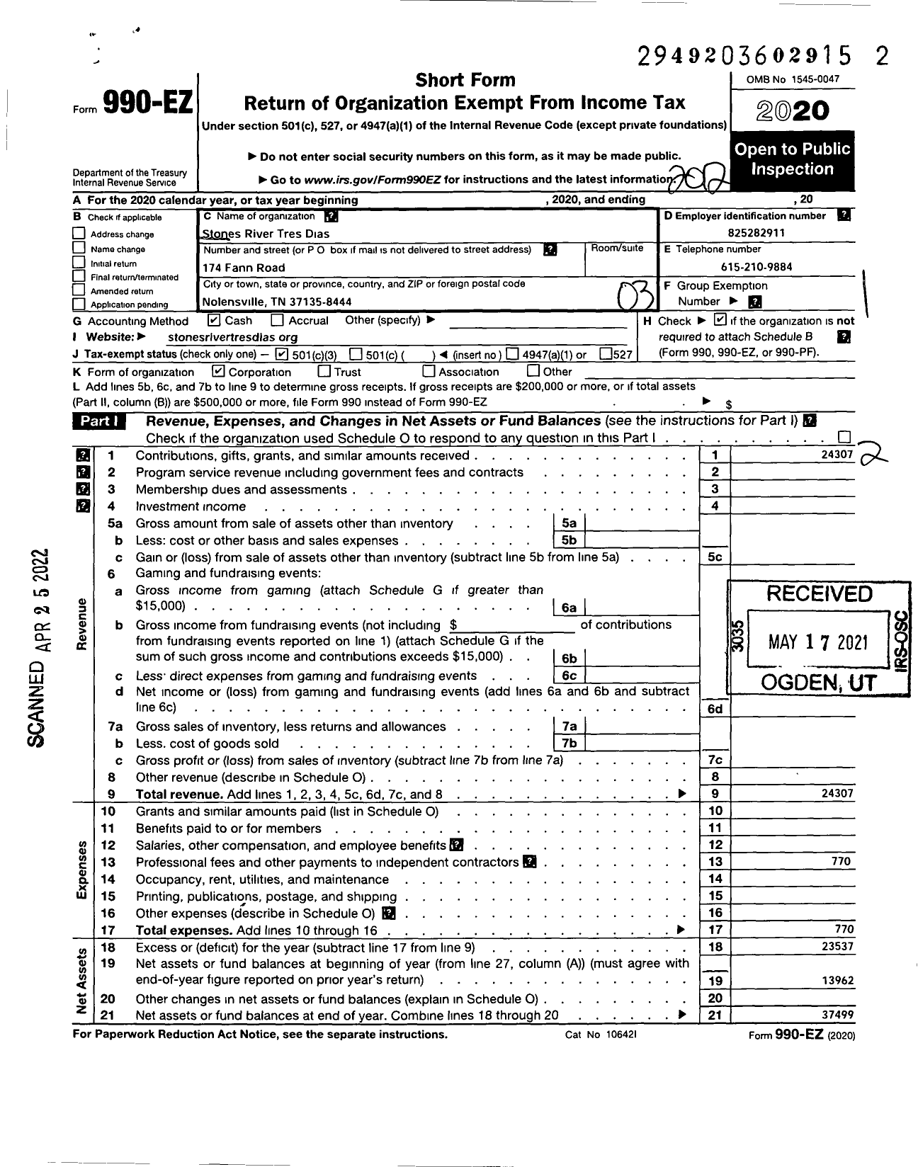 Image of first page of 2020 Form 990EZ for Stones River Tres Dias