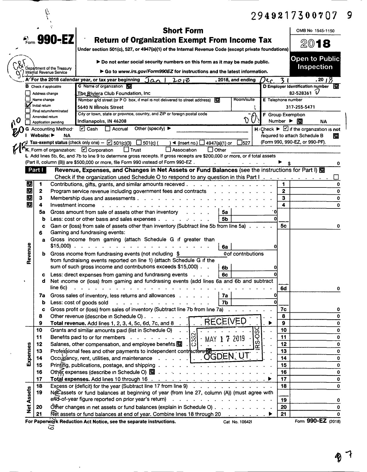 Image of first page of 2018 Form 990EO for The Riviera Club Foundation